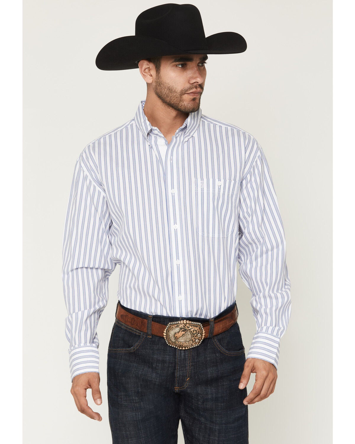George Strait by Wrangler Stripe Print Long Sleeve Button-Down Stretch Western Shirt, White, hi-res
