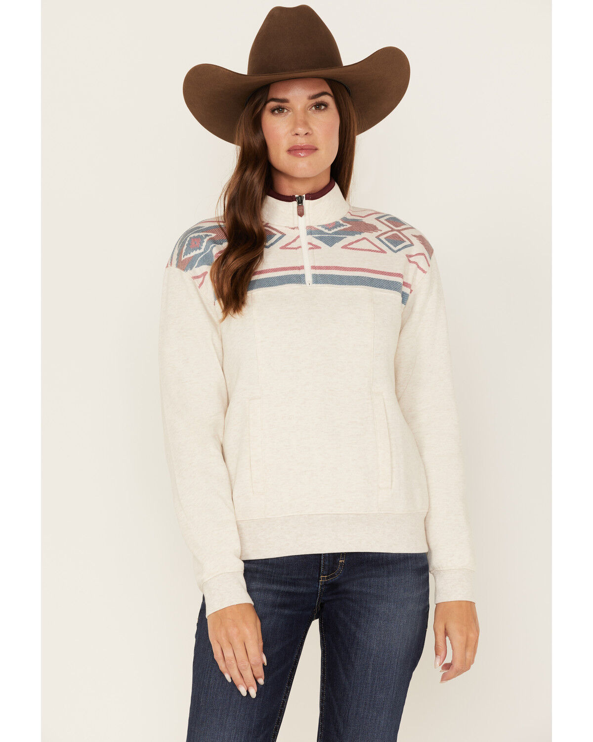 Image #1 - RANK 45® Women's 1/4 Zip Southwestern Print Contrast Pullover, Oatmeal, hi-res