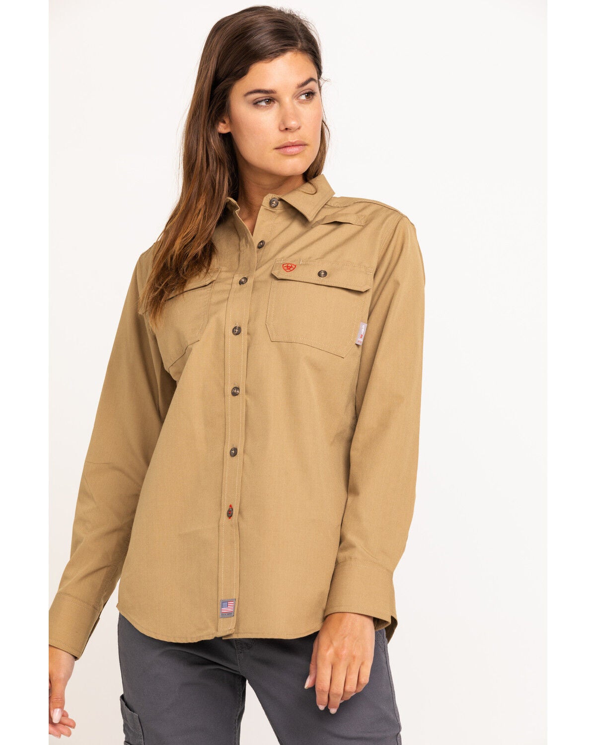 Ariat Women's FR Featherlight Long Sleeve Work Shirt, Beige/khaki, hi-res