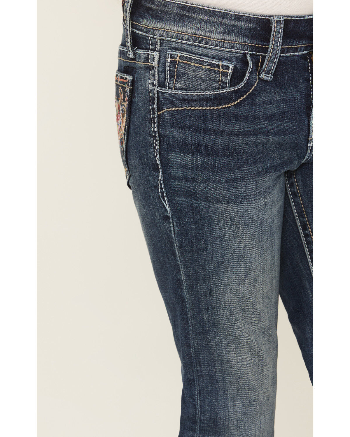 Image #4 - Grace In LA Girls' Floral Steerhead Embroidered Dark Wash Bootcut Stretch Denim Jeans, Medium Wash, hi-res