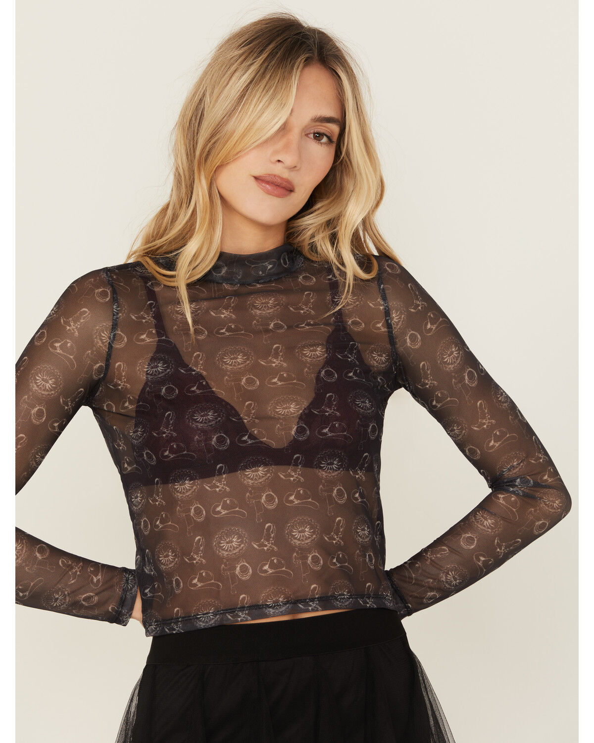 Image #2 - Rock & Roll Denim Women's Conversation Print Long Sleeve Cropped Shirt, Black, hi-res