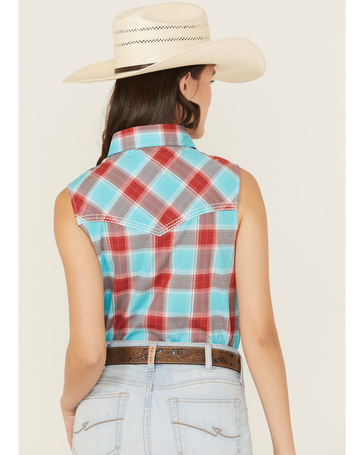 Image #4 - Cowgirl Hardware Women's Plaid Print Sleeveless Snap Stretch Western Shirt, Red, hi-res