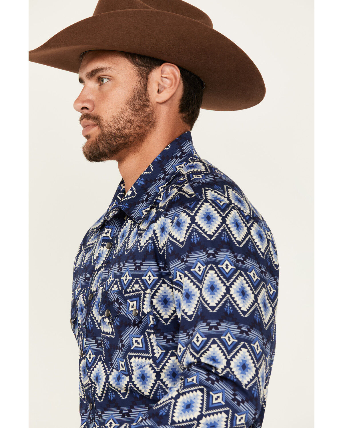Image #2 - Rock & Roll Denim Men's Southwestern Print Long Sleeve Pearl Snap Stretch Western Shirt, Blue, hi-res