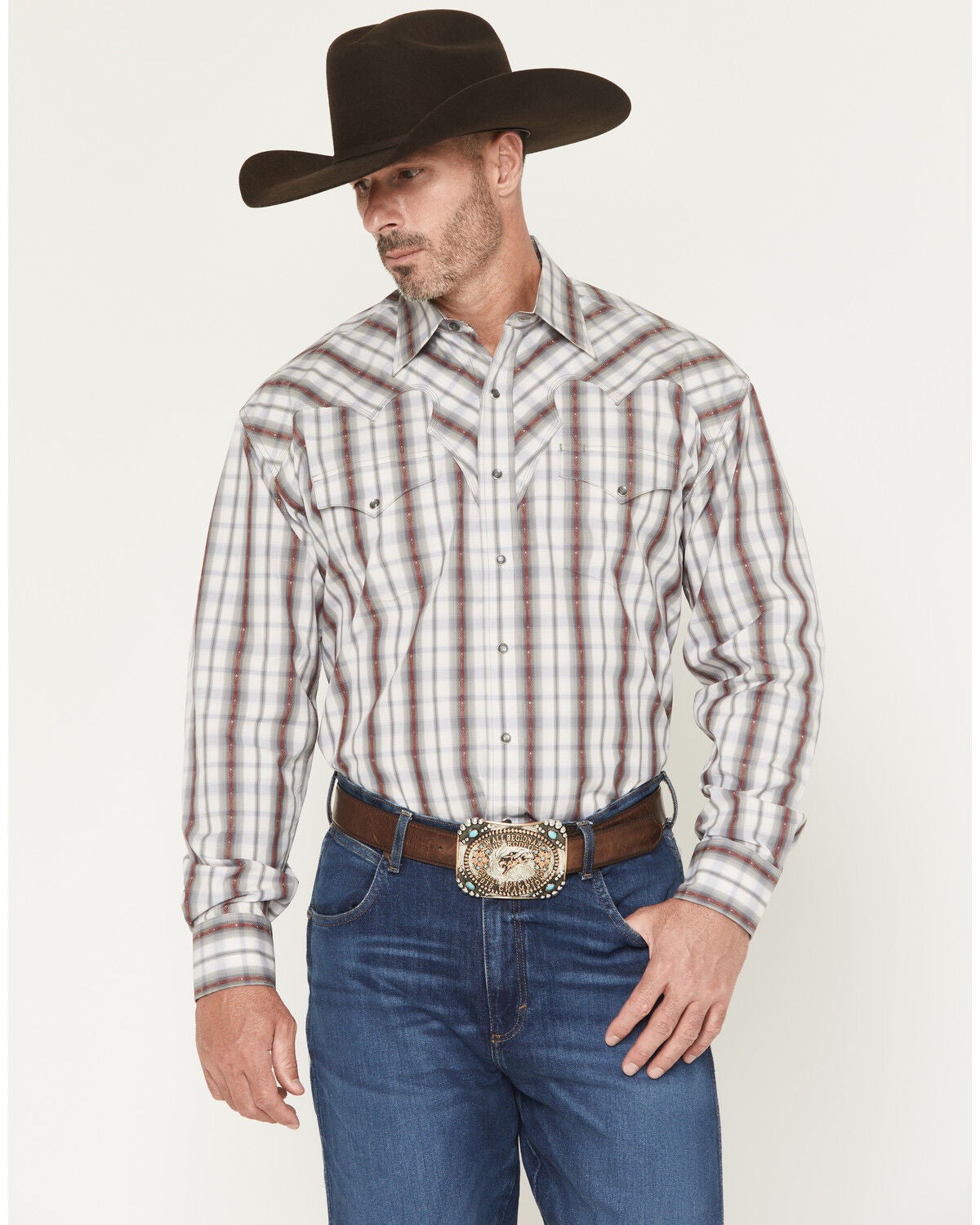 Stetson Men's Plaid Print Long Sleeve Snap Western Shirt, Grey, hi-res