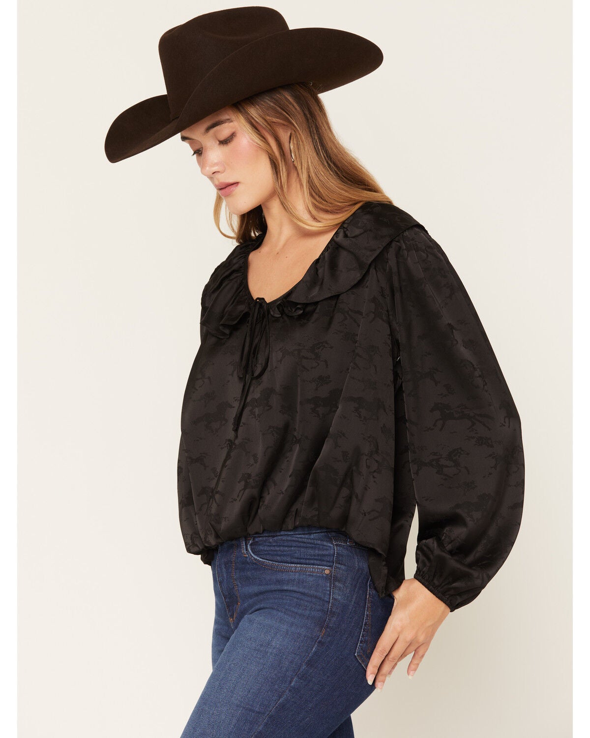 Image #2 - Wild Moss Women's Horse Print Bubble Hem Long Sleeve Top, Black, hi-res