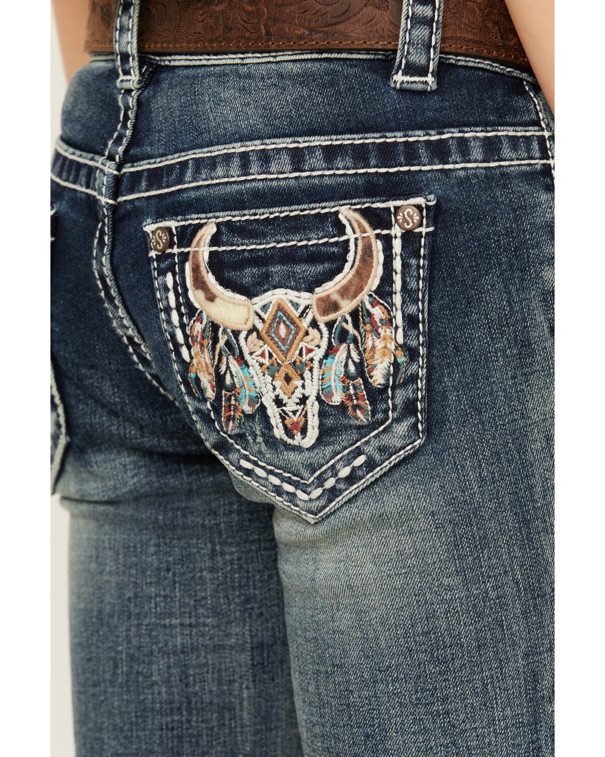 Image #2 - Shyanne Little Girls' Cowhide Steer Head Light Wash Faded Stretch Bootcut Jeans, Light Wash, hi-res