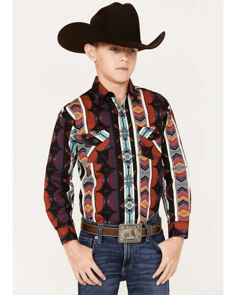 Panhandle Boys' Southwestern Striped Print Long Sleeve Snap Western Shirt, Black, hi-res