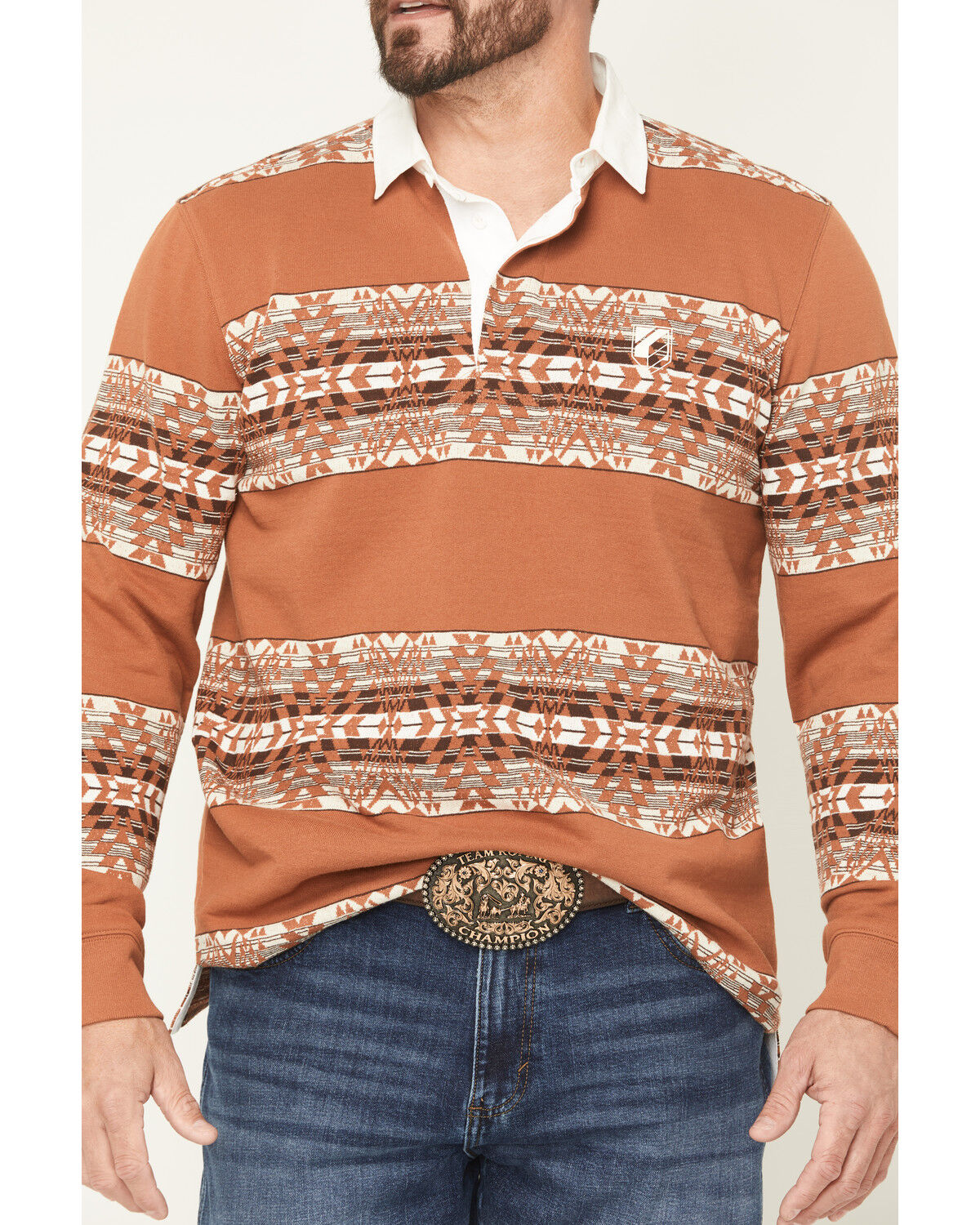 Image #2 - RANK 45® Men's Southwestern Striped Rugby Polo Shirt, Cognac, hi-res