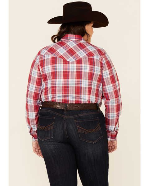 Image #4 - Roper Women's Red Plaid Long Sleeve Pearl Snap Western Core Shirt - Plus, Red, hi-res