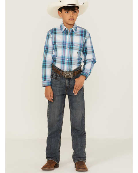 Image #2 - Roper Boys' Plaid Print Long Sleeve Pearl Snap Western Shirt, Blue, hi-res