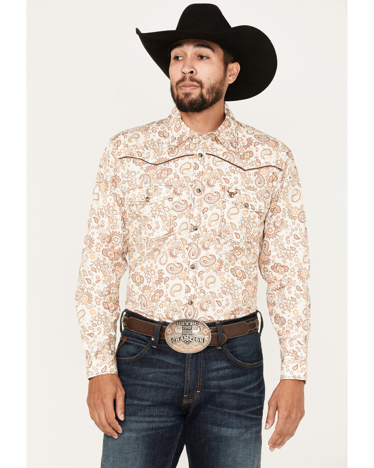 Image #1 - Cowboy Hardware Men's Paisley Print Long Sleeve Snap Western Shirt, Cream, hi-res