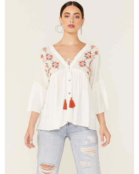 En Creme Women's Long Sleeve Embroidered Peasant Top, Ivory, hi-res