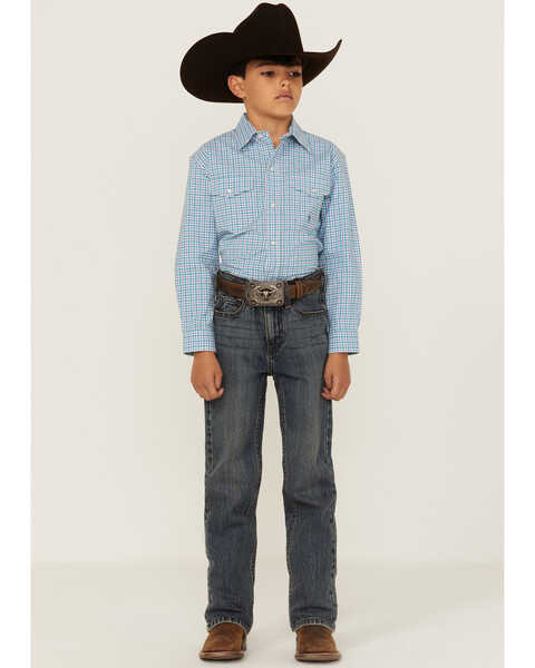 Image #2 - Roper Boys' Plaid Print Long Sleeve Pearl Snap Stretch Western Shirt, Blue, hi-res
