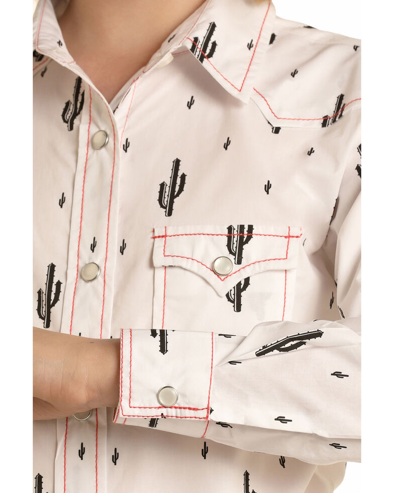 Panhandle Girls' White Cactus Print Long Sleeve Western Shirt , White, hi-res
