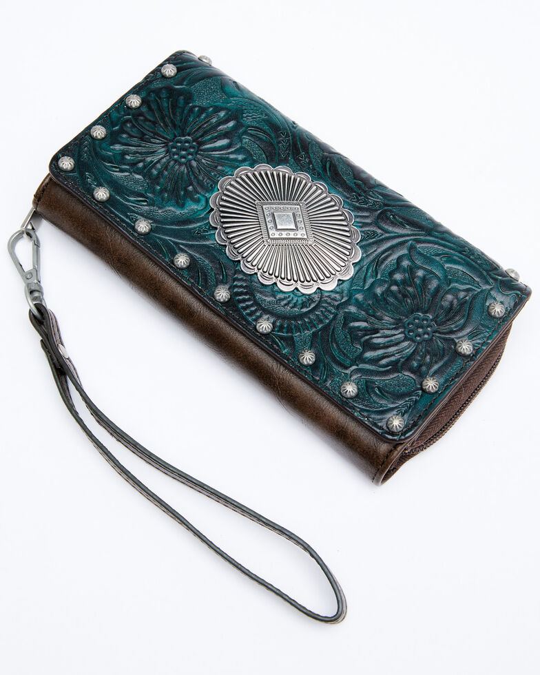 Shyanne Women's Cassidy Turquoise Tooled Crossbody Cell Phone Wallet, Chocolate/turquoise, hi-res