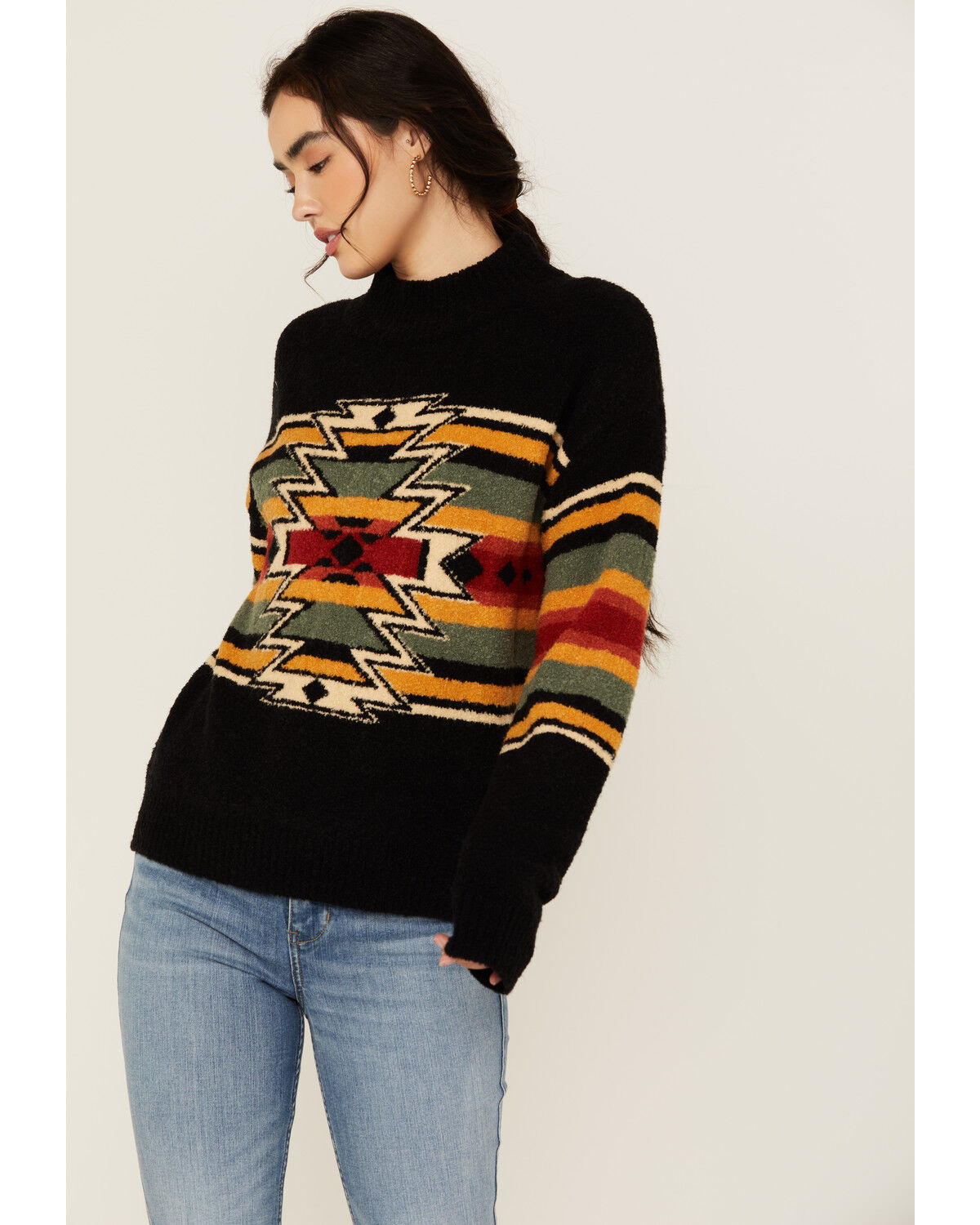 Image #1 - Panhandle Women's Southwestern Print Sweater, Black, hi-res