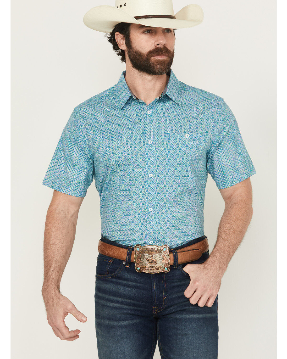 Image #1 - RANK 45® Men's Wild West Geo Print Short Sleeve Button-Down Stretch Western Shirt, Teal, hi-res