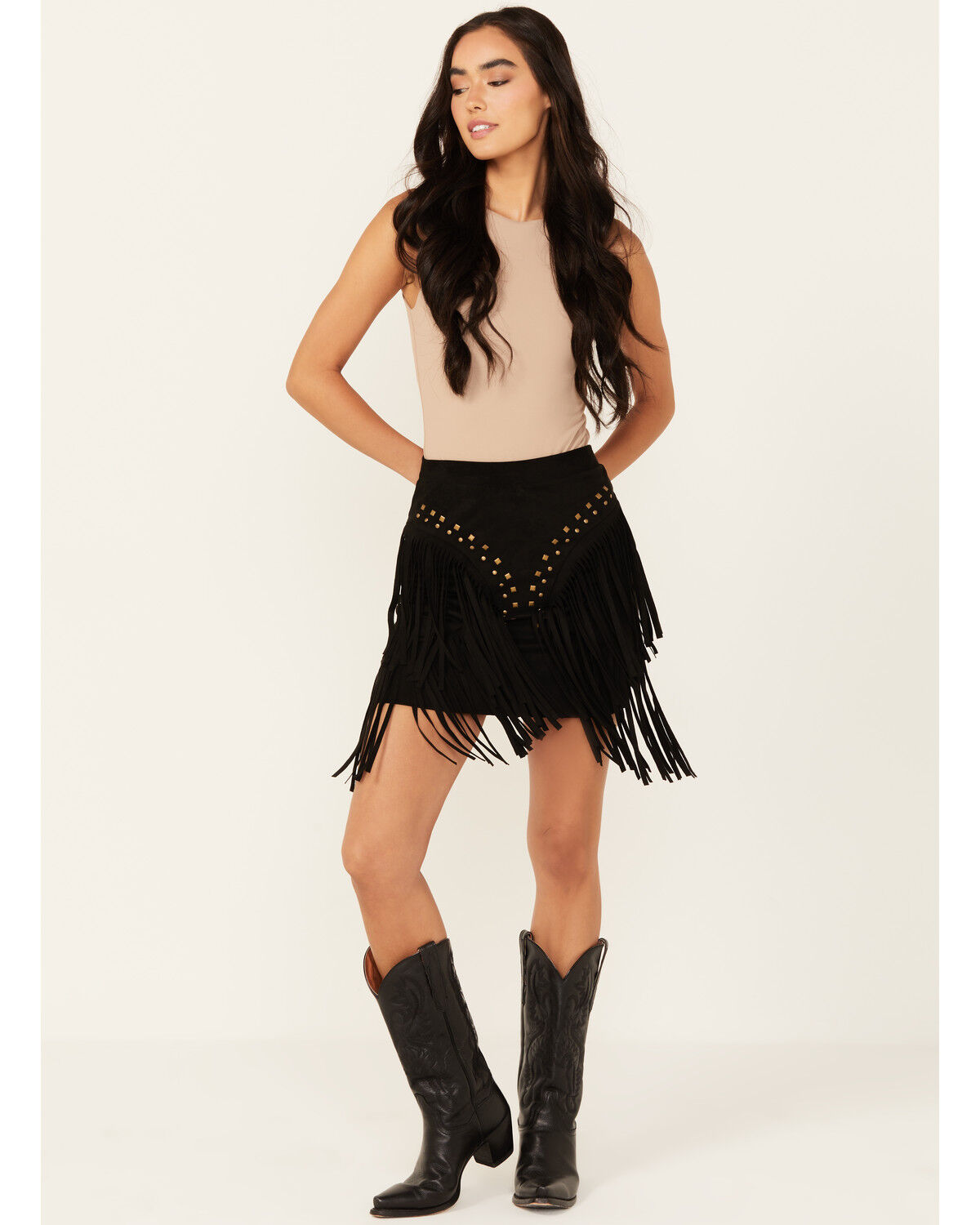 Image #1 - Vocal Women's Studded Fringe Skirt, Black, hi-res