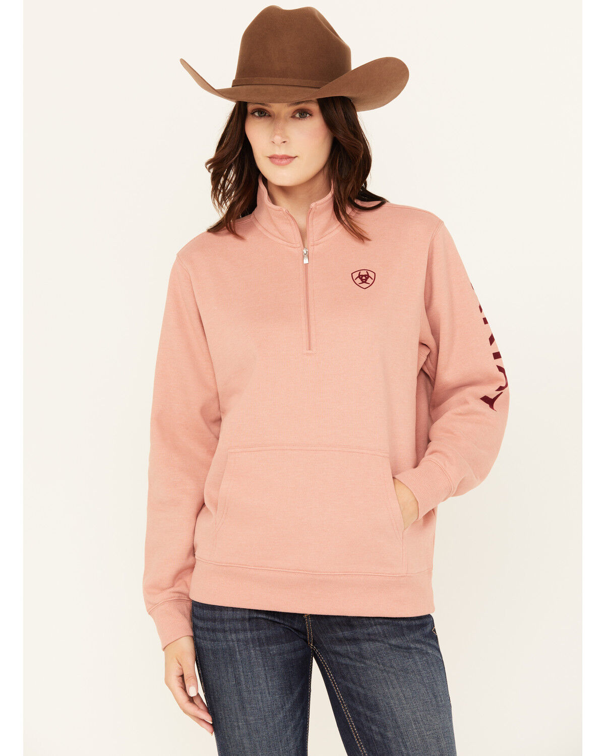 Image #1 - Ariat Women's Boot Barn Exclusive Half Zip Logo Pullover, Pink, hi-res