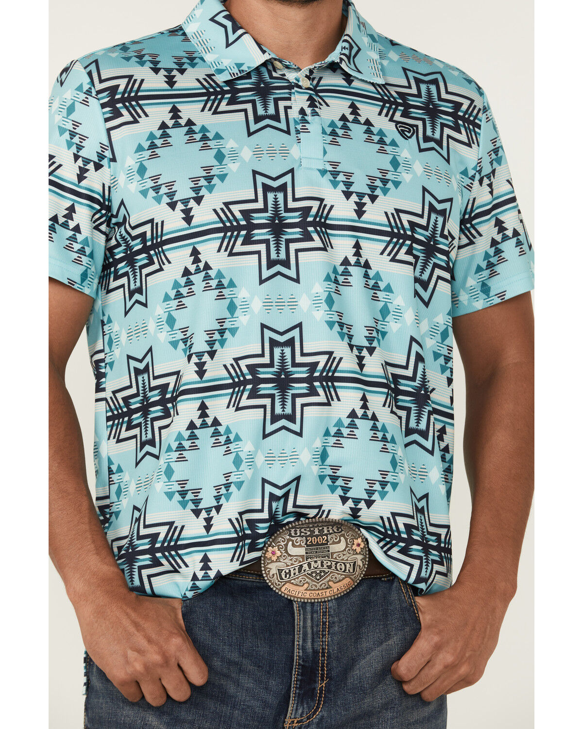 Image #3 - Rock & Roll Denim Men's Boot Barn Exclusive Southwestern Print Short Sleeve Polo Shirt, Teal, hi-res