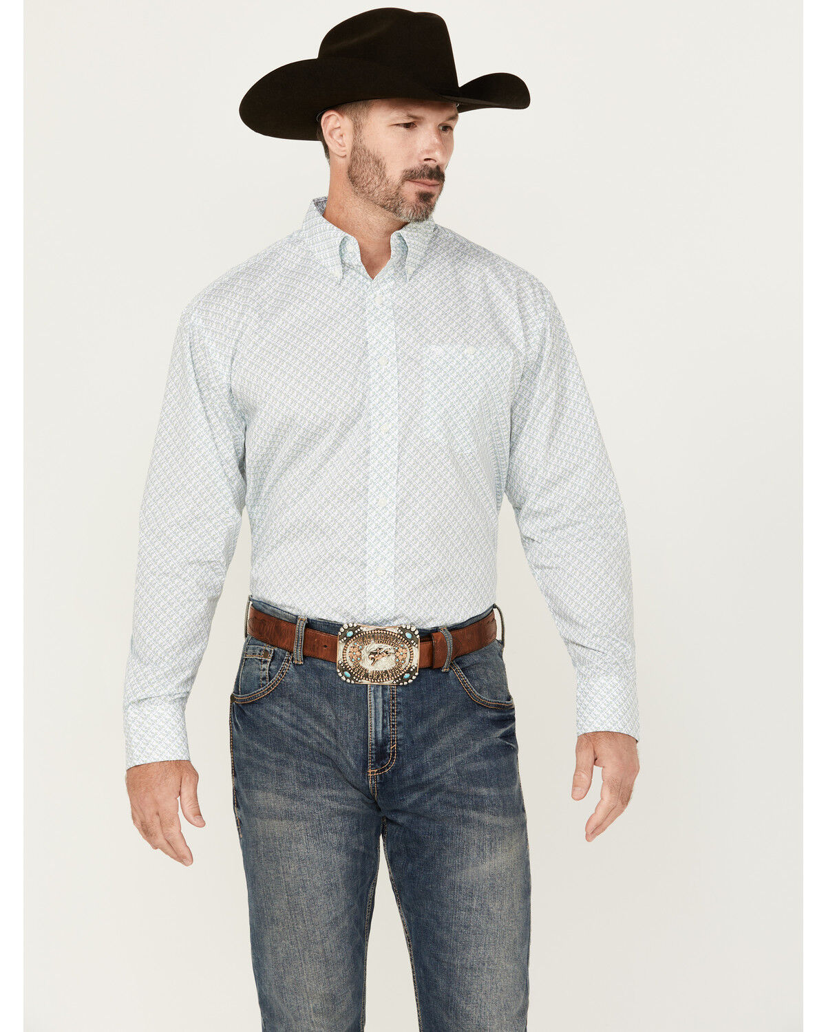 Image #1 - Wrangler Men's Classic Print Long Sleeve Button-Down Western Shirt, White, hi-res