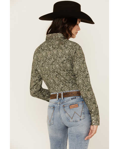 Image #4 - Roper Women's Paisley Print Long Sleeve Pearl Snap Western Shirt, Green, hi-res