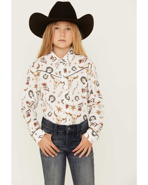 Cotton & Rye Girls' Skull Conversation Print Long Sleeve Pearl Snap Western Shirt , Multi, hi-res