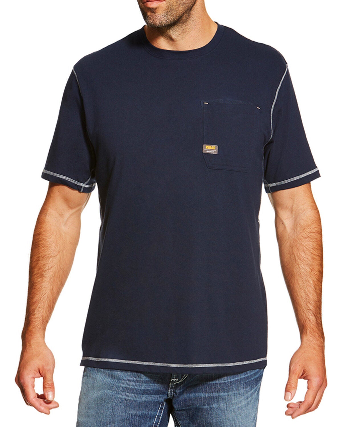 Ariat Men's Navy Rebar Crew Short Sleeve Pocket Tee, Navy, hi-res