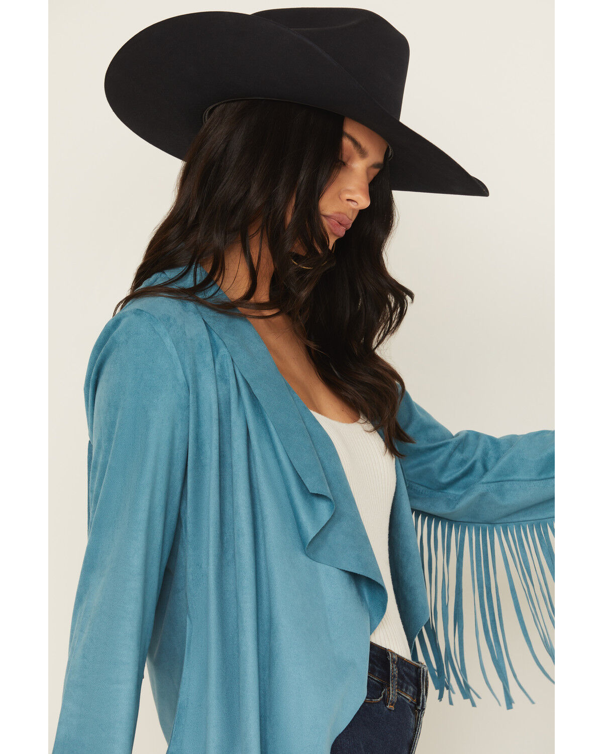 Image #2 - Shyanne Women's Cascade Front Fringe Faux Suede Fringe Jacket, Turquoise, hi-res