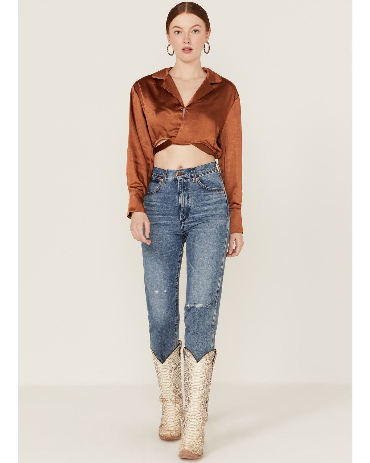 Image #3 - Lush Women's Satin Wrap Tie Waist Crop Top, Rust Copper, hi-res