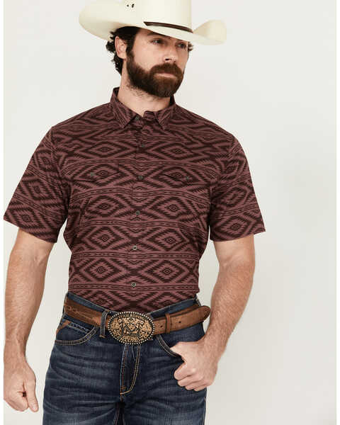 Ariat Men's VentTek Southwestern Print Short Sleeve Button-Down Performance Western Shirt , Maroon, hi-res
