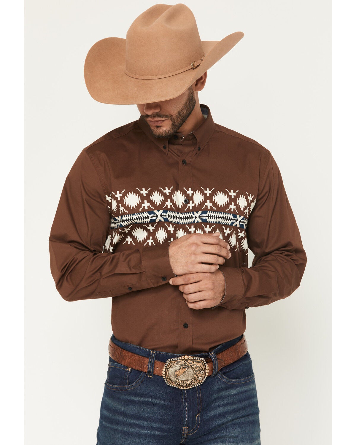 Image #1 - RANK 45&reg; Men's Olympic Southwestern Border Long Sleeve Button-Down Stretch Western Shirt, Brown, hi-res