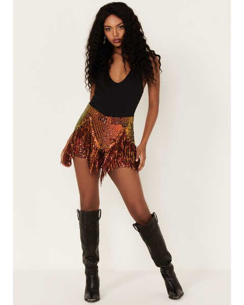 Any Old Iron Women's Sequins and Fringe Shorts, Rust Copper, hi-res