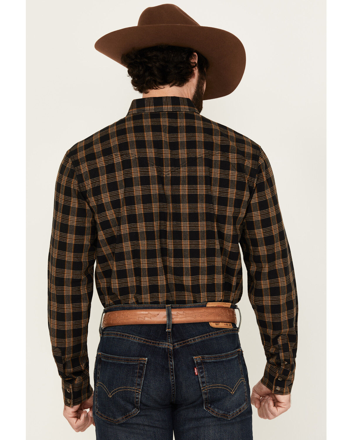 Image #4 - Blue Ranchwear Men's Cedar Plaid Print Long Sleeve Snap Western Shirt, Dark Brown, hi-res