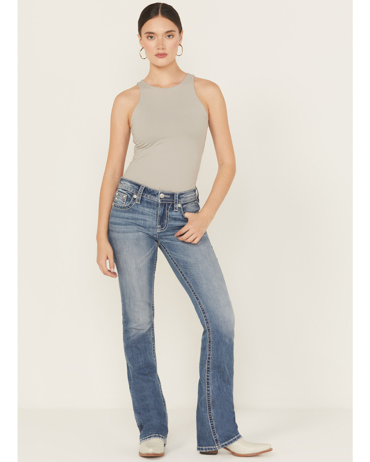 Image #3 - Miss Me Women's Medium Wash Mid Rise Butterfly Pocket Bootcut Stretch Denim Jeans, Medium Wash, hi-res