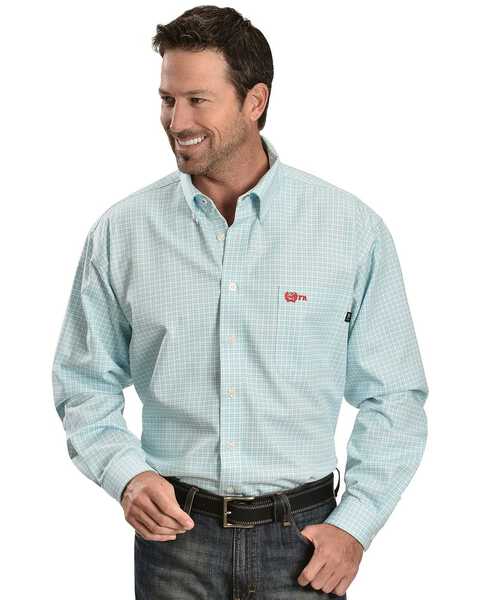 Cinch Men's Flame Resistant Plaid Print Long Sleeve Button Down Work Shirt, Turquoise, hi-res