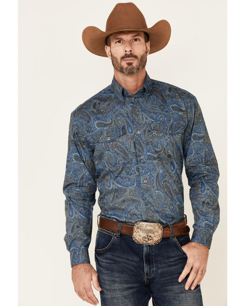 Roper Men's Storm Large Paisley Print Long Sleeve Button-Down Western Shirt , Blue, hi-res
