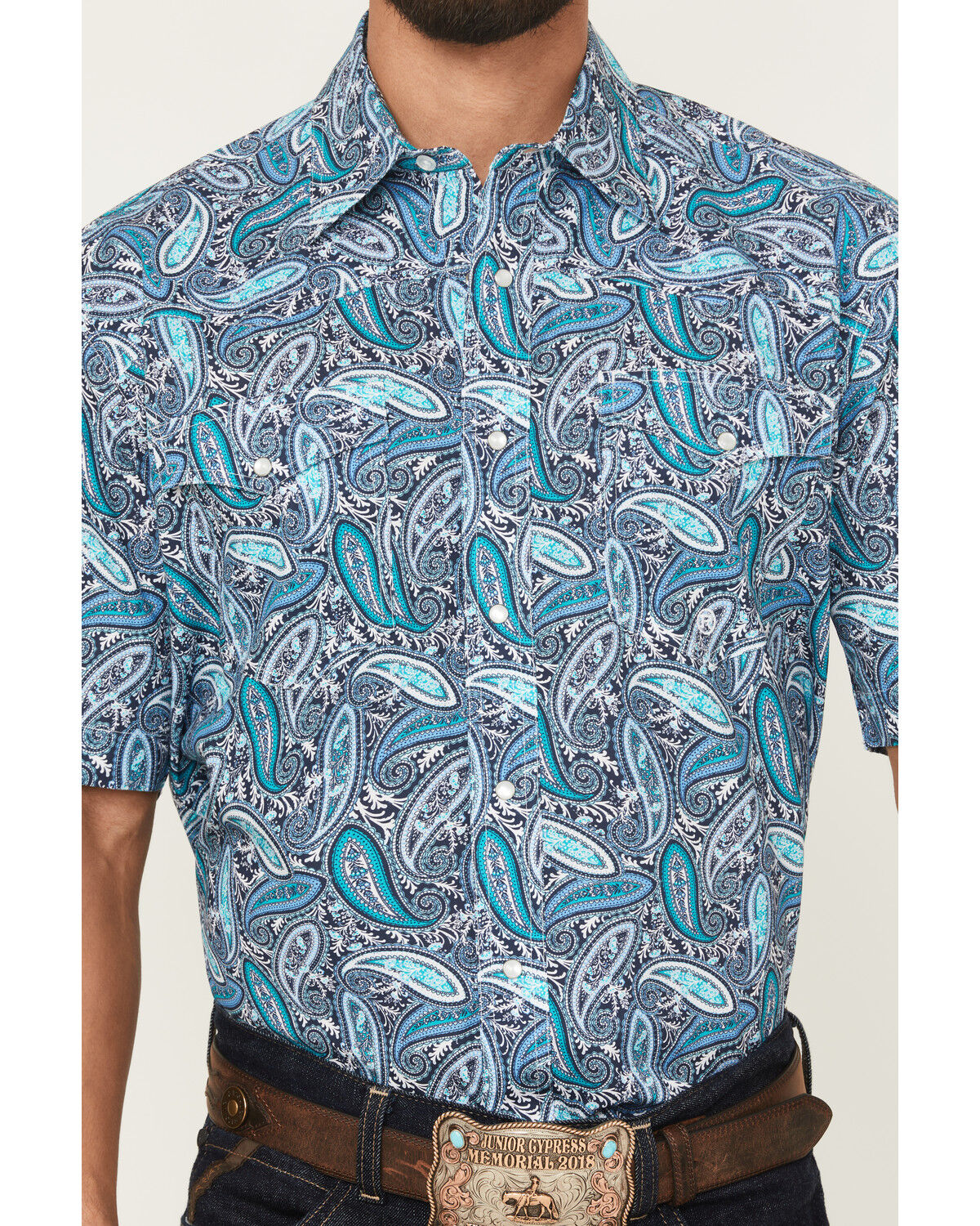 Image #3 - Roper Men's Amarillo Paisley Short Sleeve Pearl Snap Western Shirt, Blue, hi-res