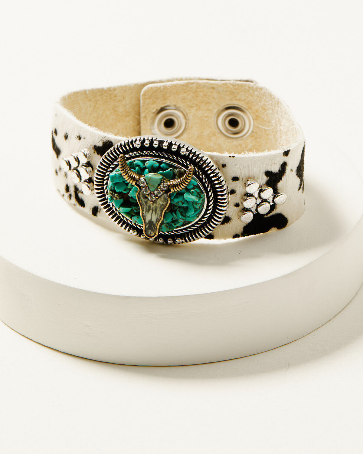 Image #1 - Shyanne Women's Steer Head and Turquoise Chip Genuine Leather Cuff, Turquoise, hi-res