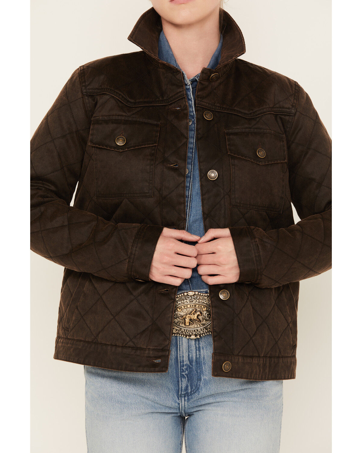 Image #3 - Shyanne Women's Quilted Faux Oil Skin Jacket, Medium Brown, hi-res