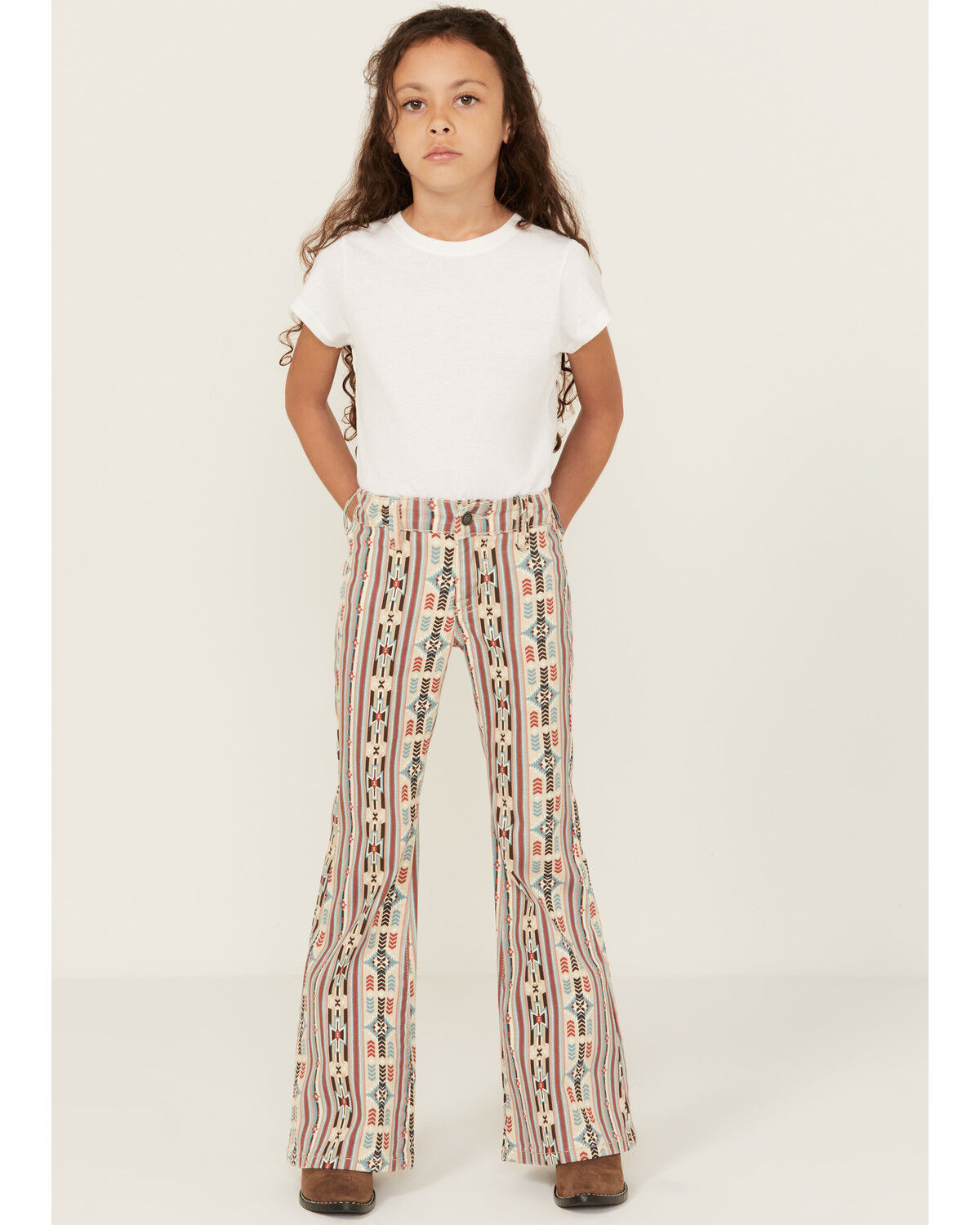 Image #1 - Panhandle Girls' Southwestern Striped Button Flare Stretch Denim Jeans, Natural, hi-res