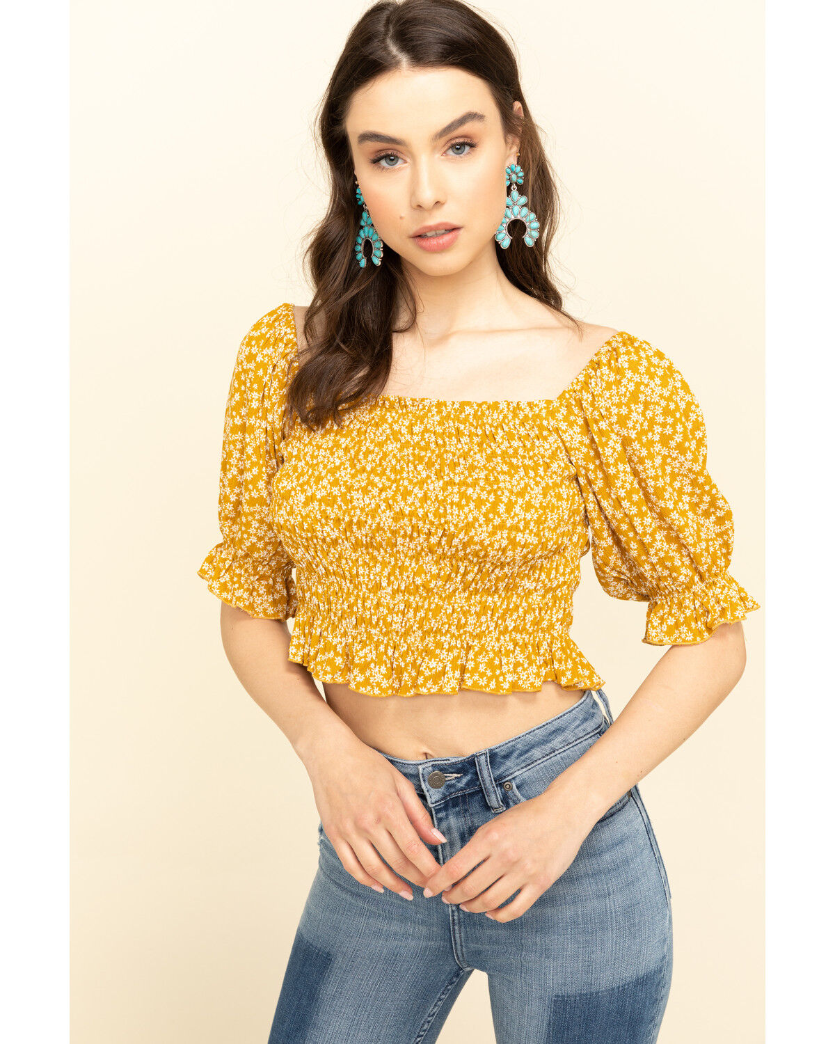 Image #1 - Loveriche Women's Floral Print Smocked Crop Top, , hi-res