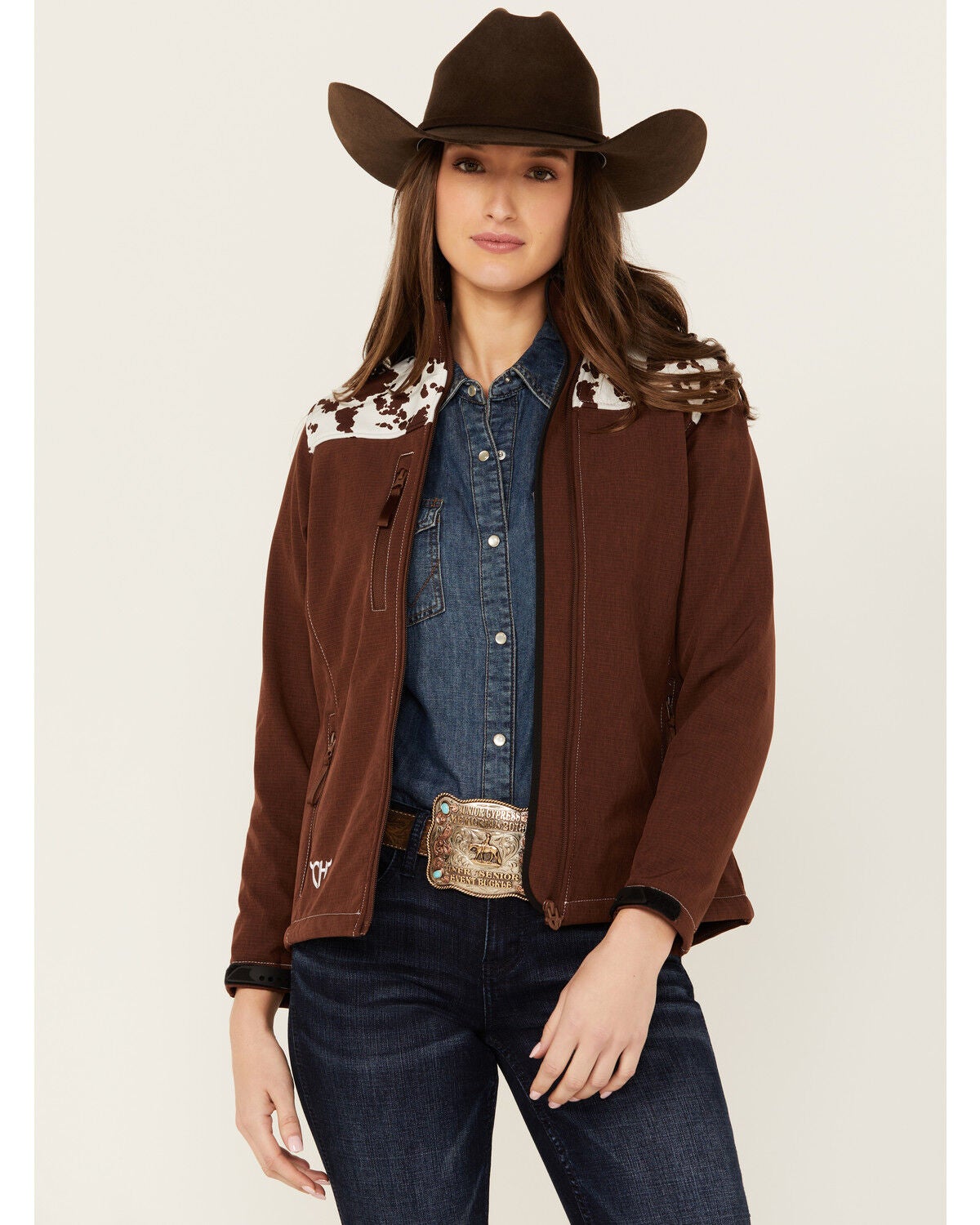 Image #1 - Cowgirl Hardware Women's Cow Print Yoke Softshell Jacket, , hi-res