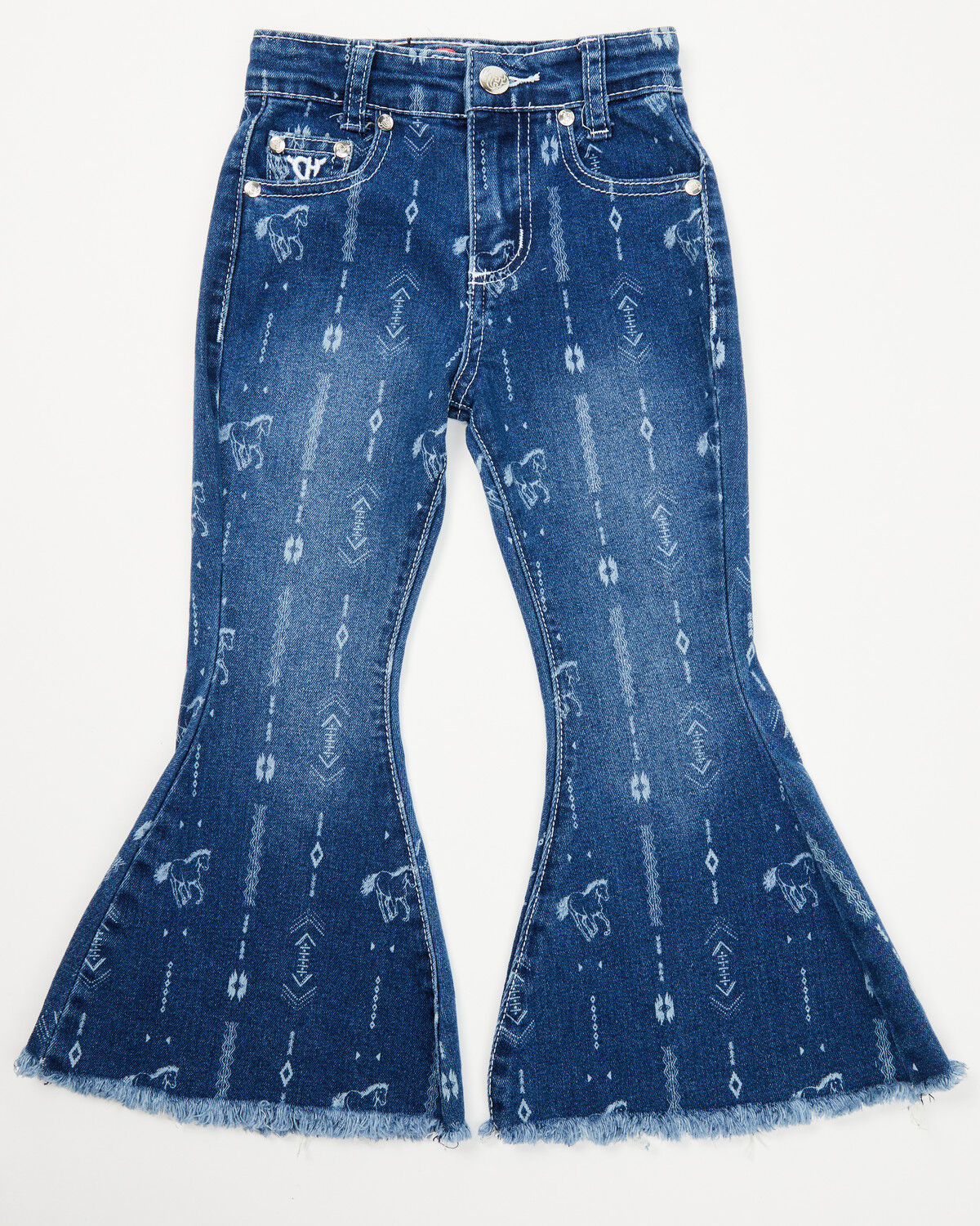 Image #1 - Cowgirl Hardware Toddler Girls' Southwestern Striped Stretch Bell Bottom Jeans, Blue, hi-res