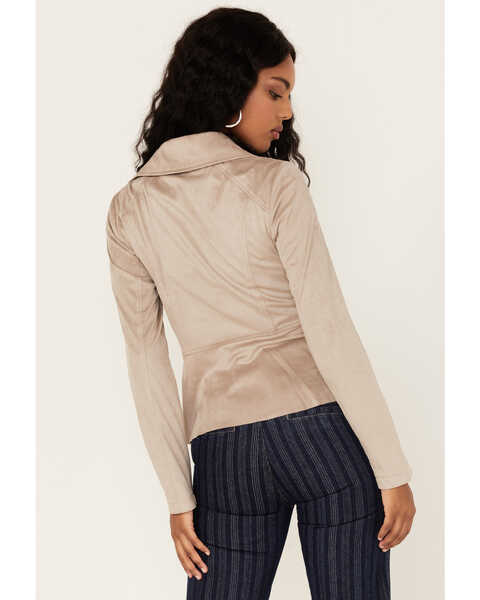 Image #4 - Shyanne Women's Ruffle Faux Suede Moto Jacket, Taupe, hi-res