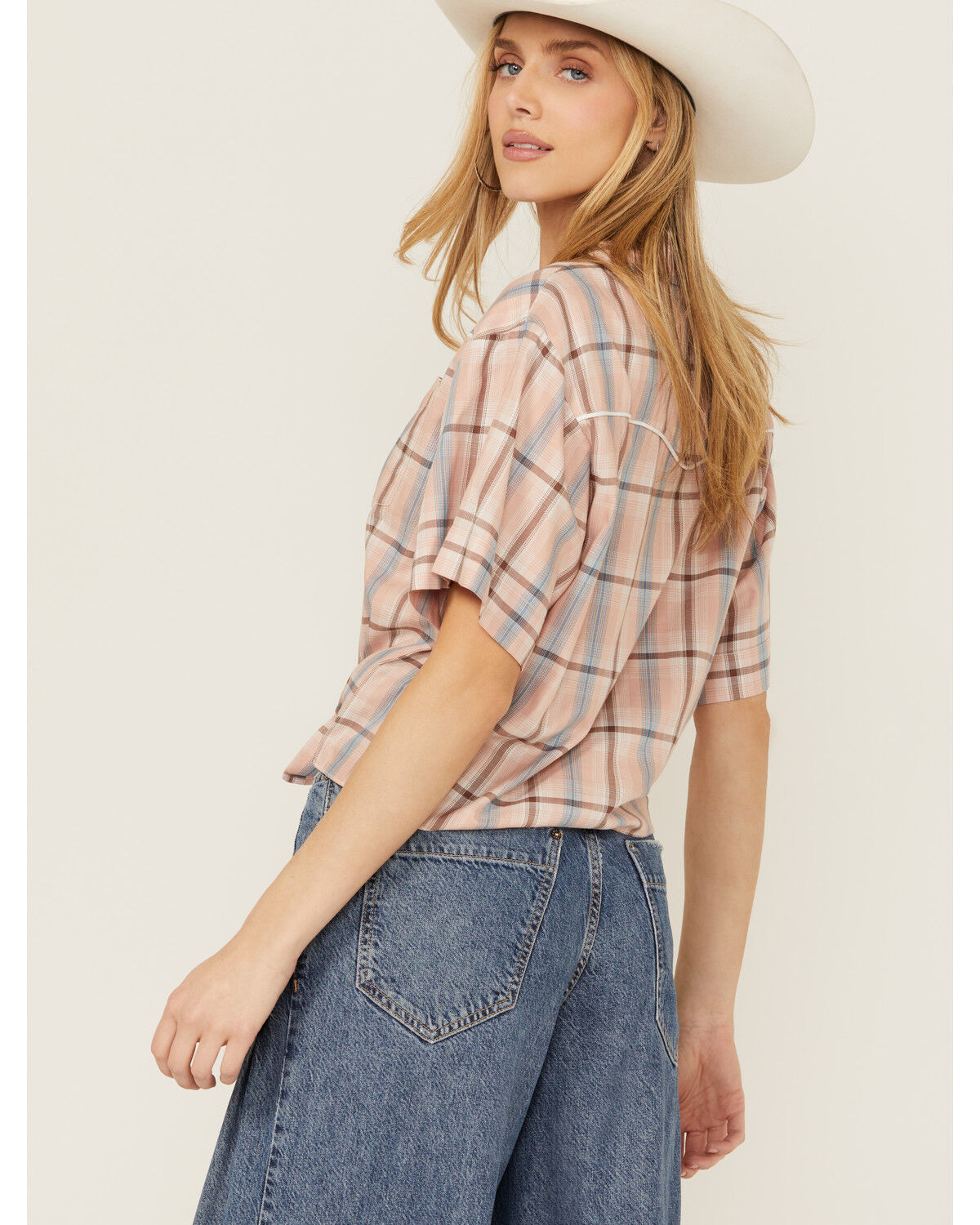 Image #4 - Cumberland Outfitters Women's Plaid Print Short Sleeve Button-Down Western Shirt, Peach, hi-res