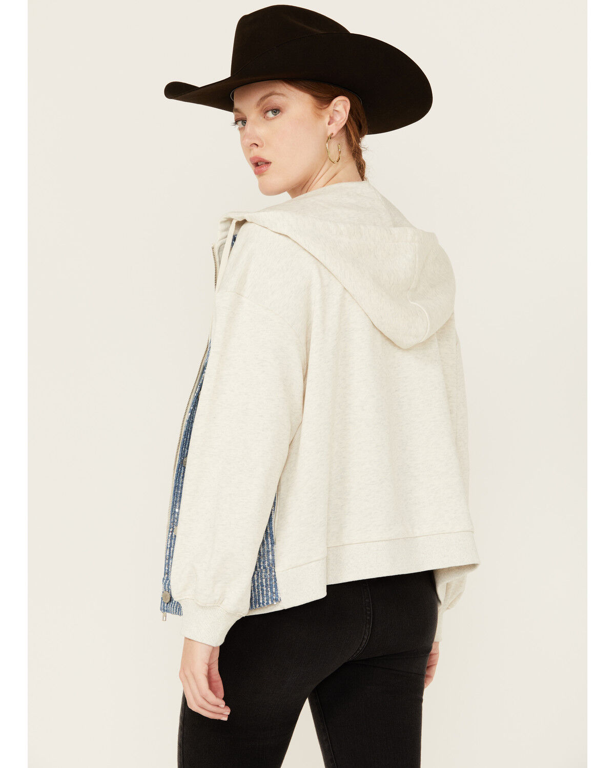 Image #4 - Miss Me Women's Denim Sequins Zip-Up Hoodie, Oatmeal, hi-res