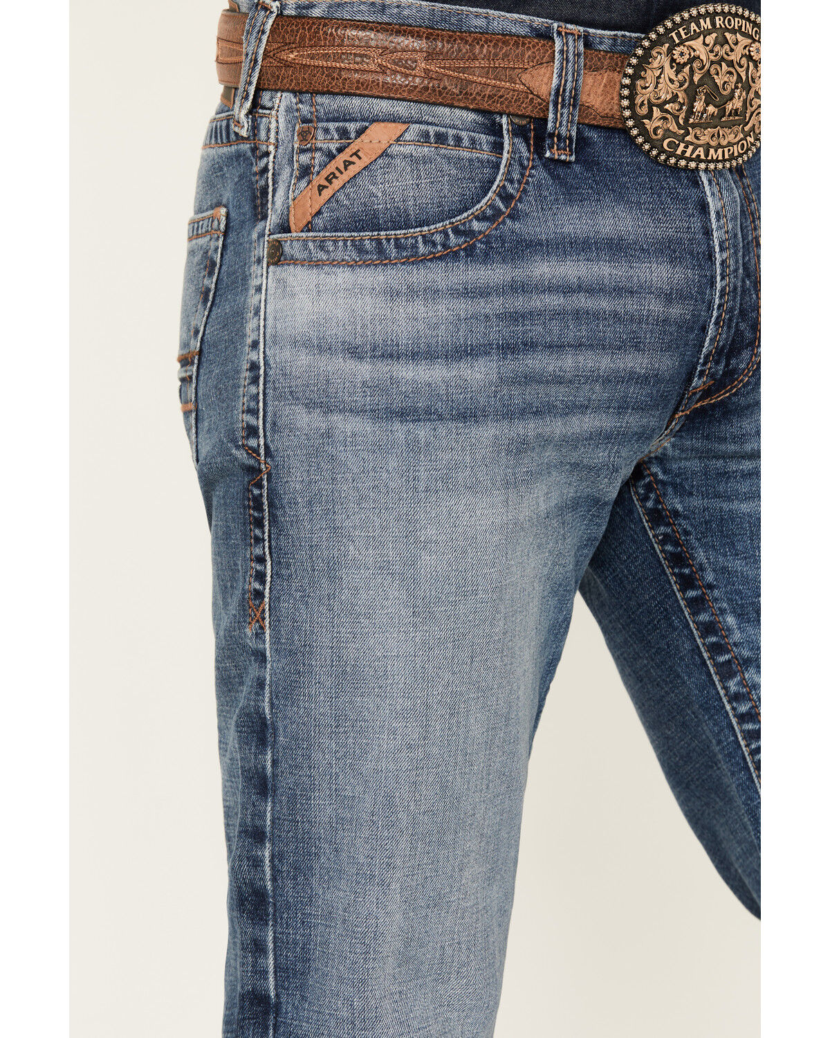 Image #2 - Ariat Men's Boot Barn Exclusive M5 Hanwell Pollock Medium Wash Straight Stretch Denim Jeans, Medium Wash, hi-res