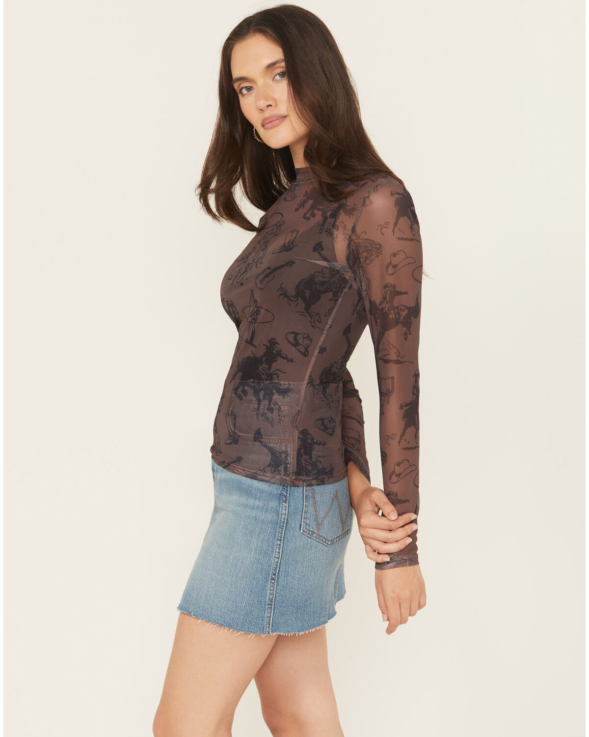 Image #2 - Blue B Women's Cowboy Conversation Print Long Sleeve Mesh Shirt, Brown, hi-res