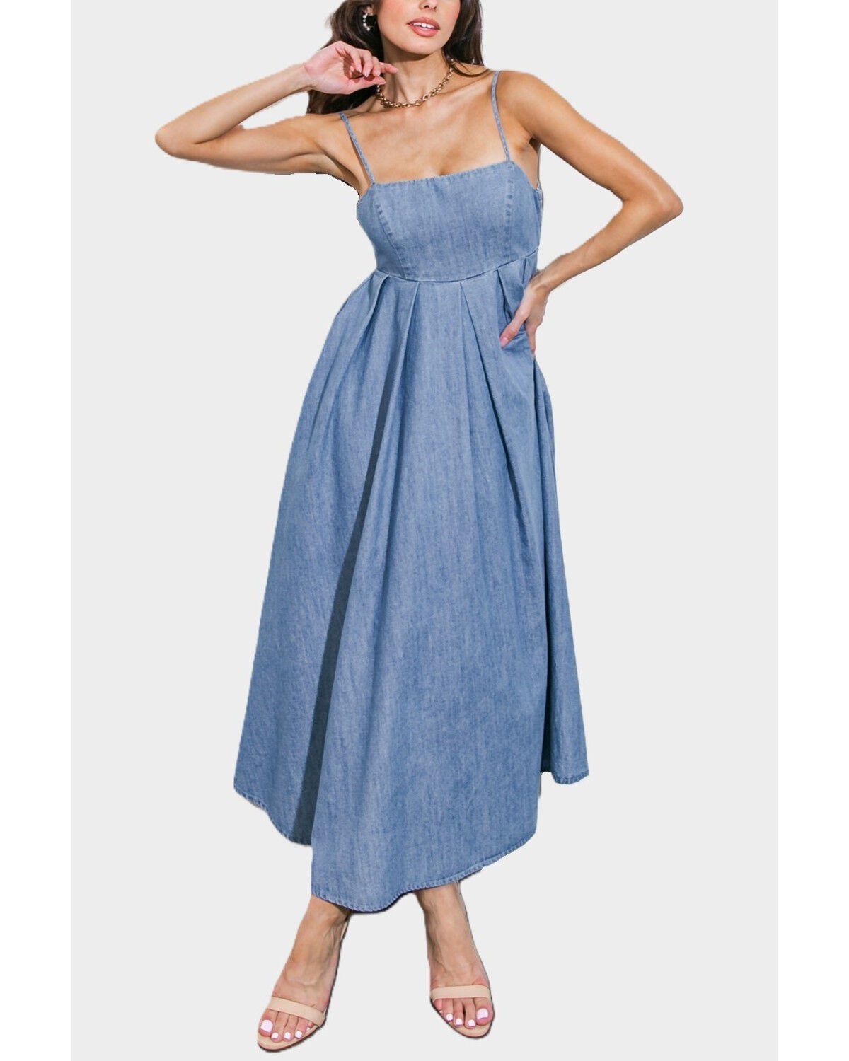 Flying Tomato Women's Captivating Heart Denim Midi Dress, Light Wash, hi-res